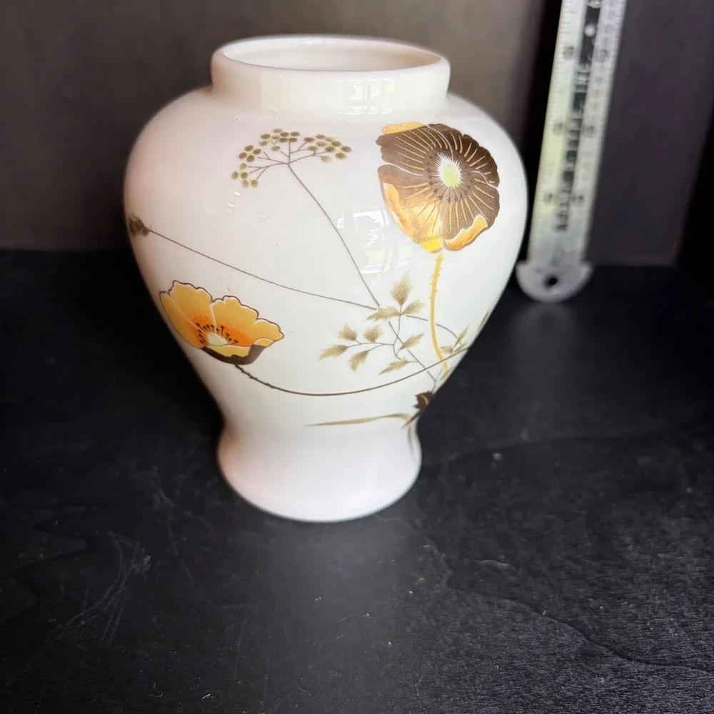 Otagiri Japan Golden Poppy Ceramic Vase Vintage White Orange Floral 4.5 Inch